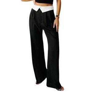 Reformation Stevie Pant Black Wide Leg Tencel Contrast Waist Pleated Womens 10
